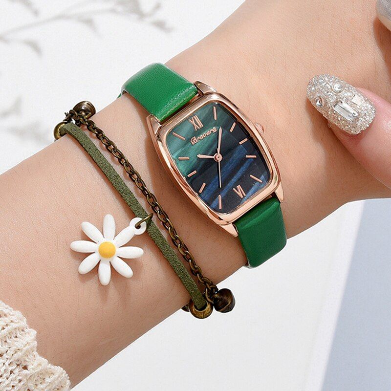 Leather Strap Wrist Watches For Women Fashion all Green Dial Bracelet Quartz Watch Ladies Casual Clock Relogio Feminino