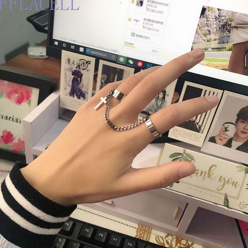 FFLACELL 2020 New Fashion Metal Vintage Punk Hip Hop Style Cross Siamese Adjustable Open Ring Party Men And Women Jewelry Gift