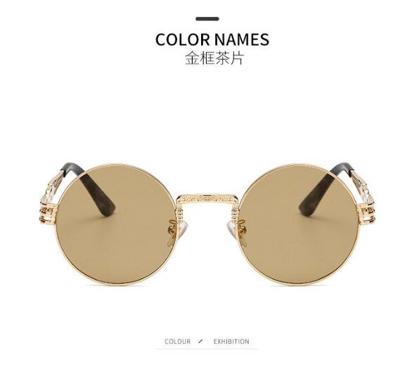light tea lensGothic Steampunk Round Sunglasses Men Women Alloy Eyeglasses Circle Shape Brand Designer Sun glasses MirrorUV400