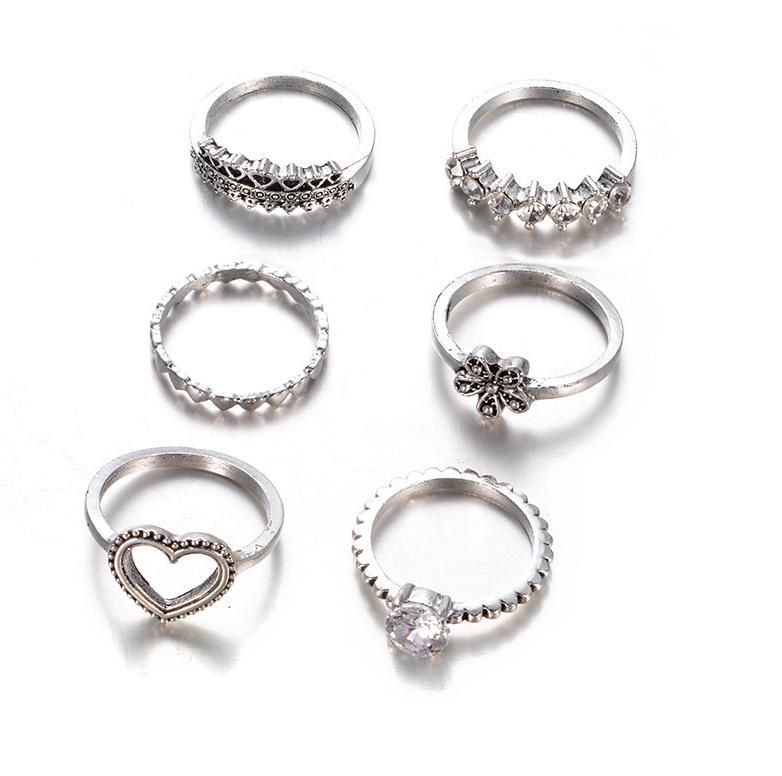 2019 Fashion New Personality Love Flower Inlaid Zircon Set Ring 6 Piece Set Combination Joint Ring Dance Party Wild Jewelry