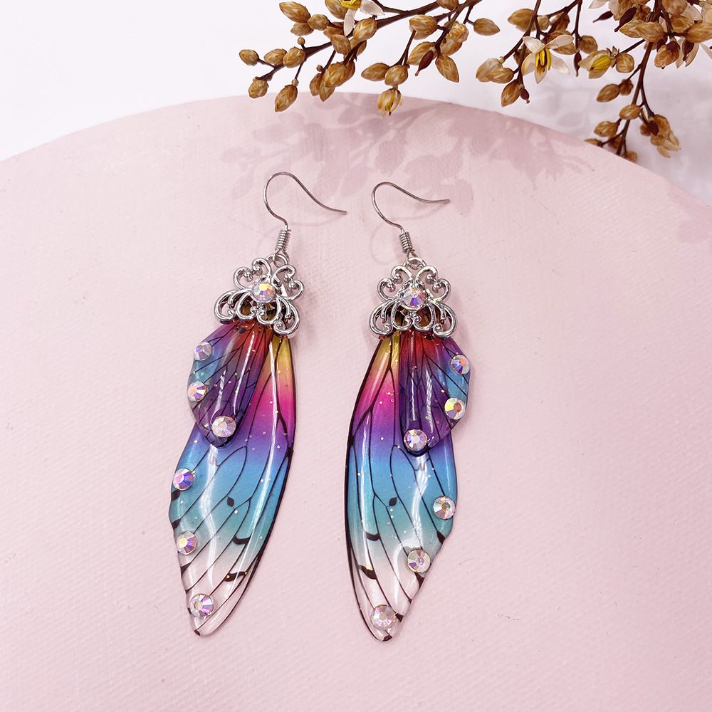 S925 Pure Silver Ear Hook Butterfly Earrings High-End Temperament Super Fairy Long Eardrop Cicada Wings Gradient Color Fresh Earrings