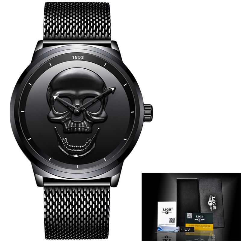 Cool Punk 3D Skull Men Watch Brand LIGE Luxury Steel Gold Black Vintage Quartz Male