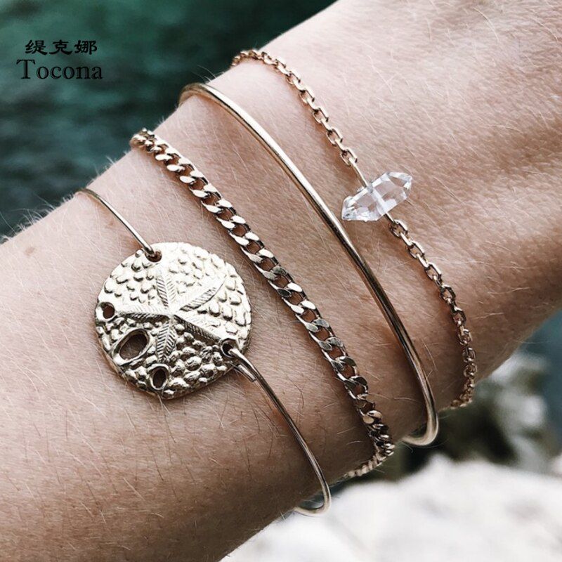 Tocona 4pcs/sets Charming Gold Color Geometric Bracelets for Women Clear Rhinestone Alloy Metal Chain Party Jewelry 8856