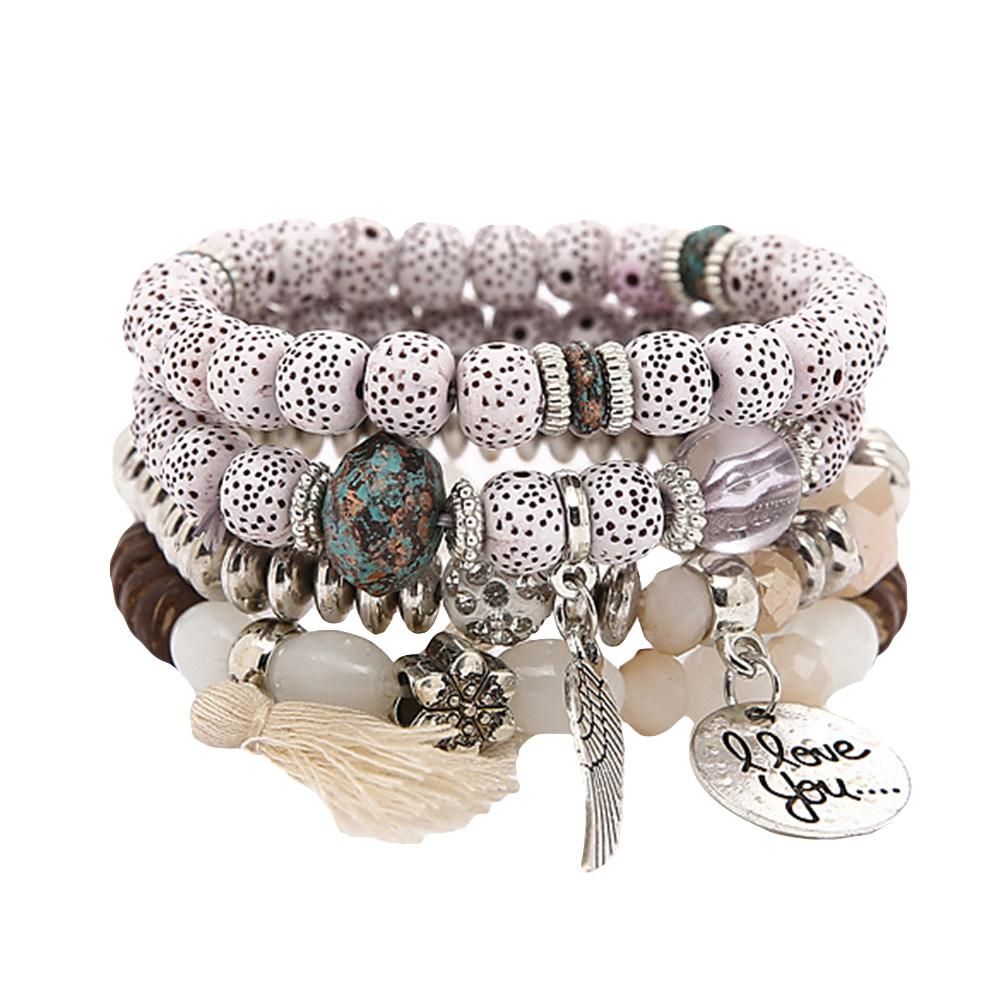 Women Tassel Wing Disc Charm Natural Stone Beaded Multilayer Bracelet