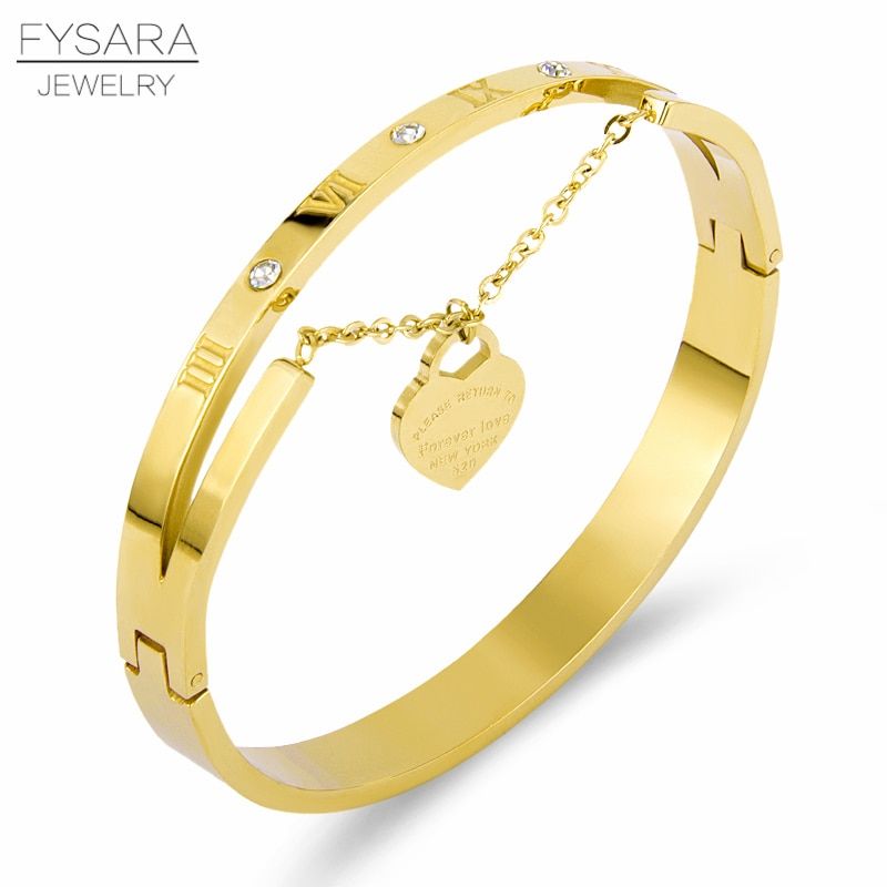 FYSARA Luxury Brand Lover Heart Bracelets Tag Stainless Steel Roman Numerals Zircon Bangles & Bracelets For Women Accessories