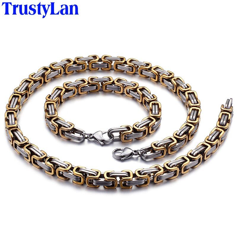 TrustyLan Mens Stainless Steel Link Chain Bracelet Men Biker Jewelry Birthday Gifts For Dad Him Boyfriend Gold Color Necklace