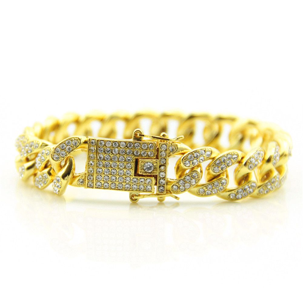 Unisex European American Style Men Bracelet Full Rhinestone Cuban Bracelet Popular Hippop Style Braclet 12mm Wide
