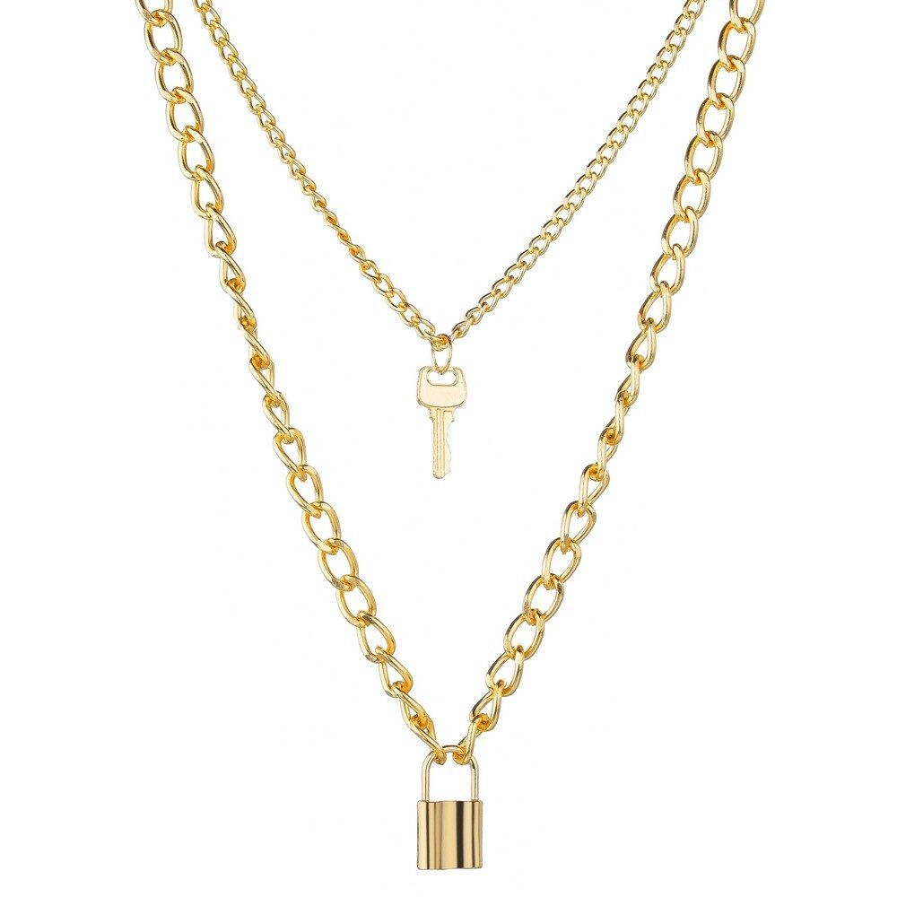 Multi-layer Pendant Women Chain Double Layer Open Lock Punk Rock Disco