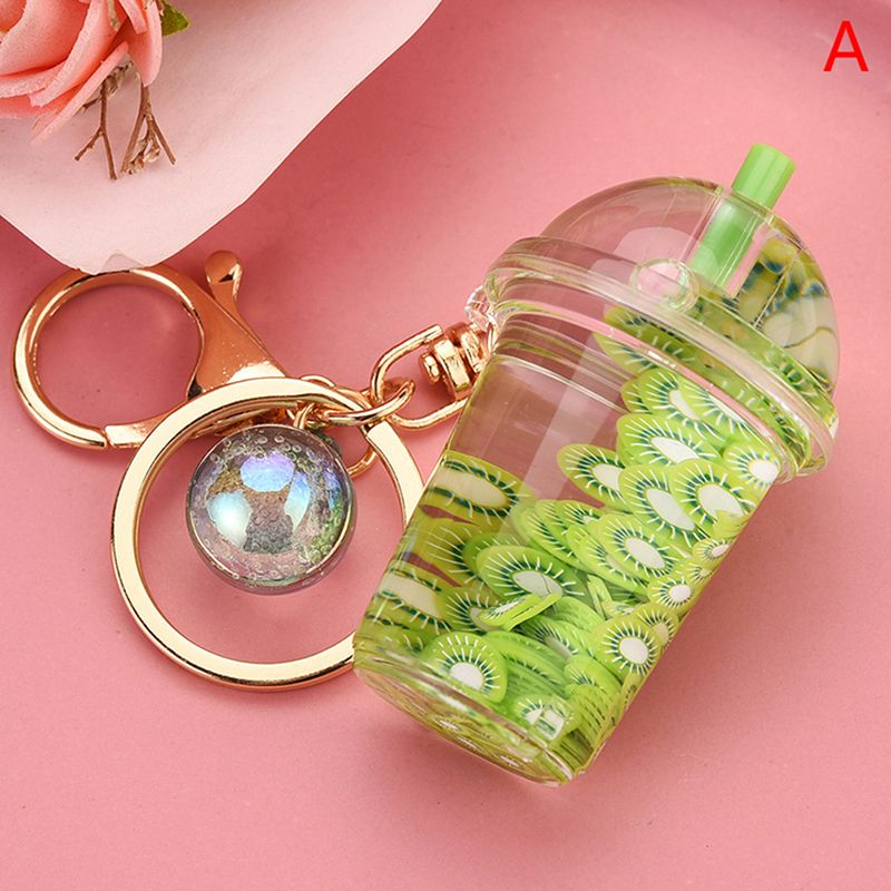 Simulation Fruit Floating Keychain Watermelon Kiwi Milk Tea Bottle Key Ring