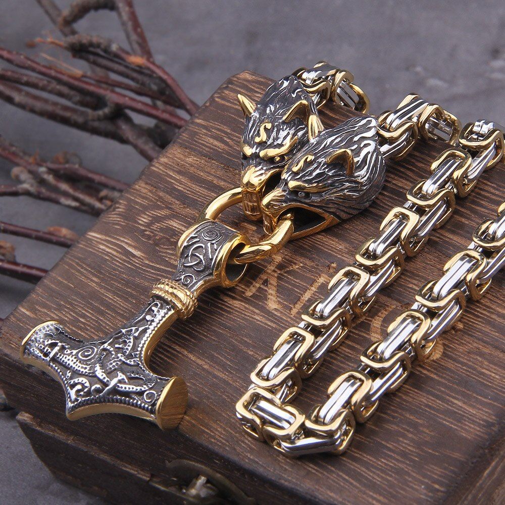 Never Fade Men stainless steel Wolf head norse viking amulet thor hammer pendant necklace viking king chain