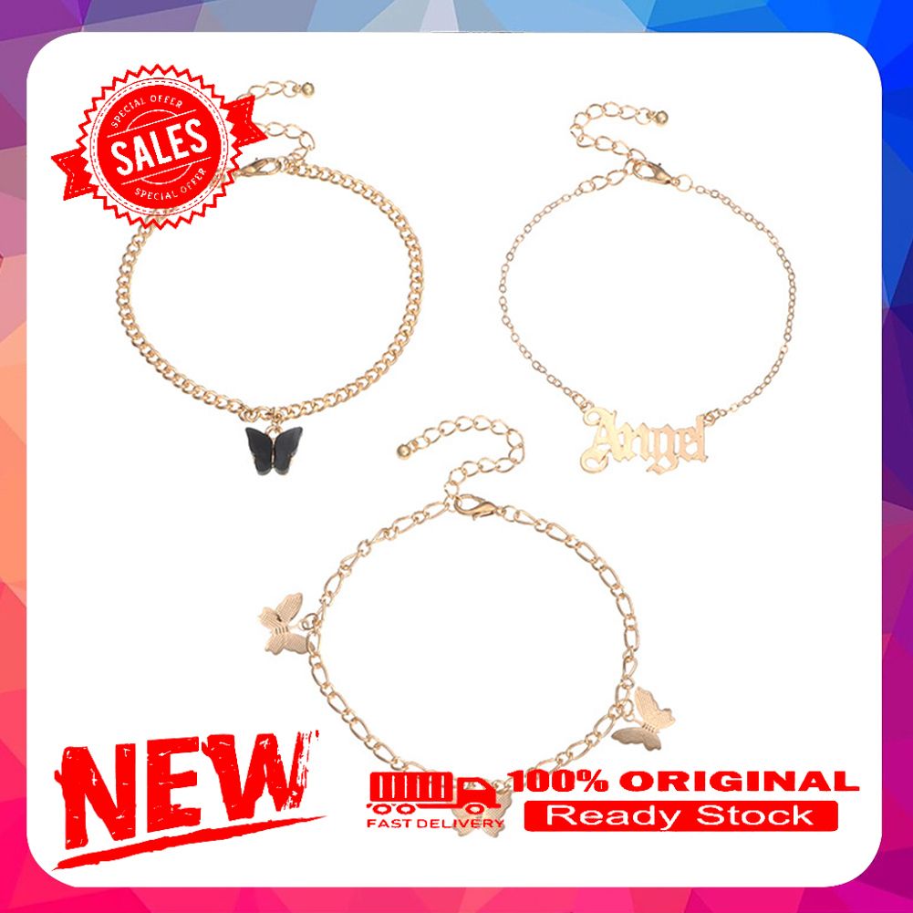 3Pcs Women Butterfly Letter Charm Anklet Beach Foot Chain Ankle Bracelet Jewelry