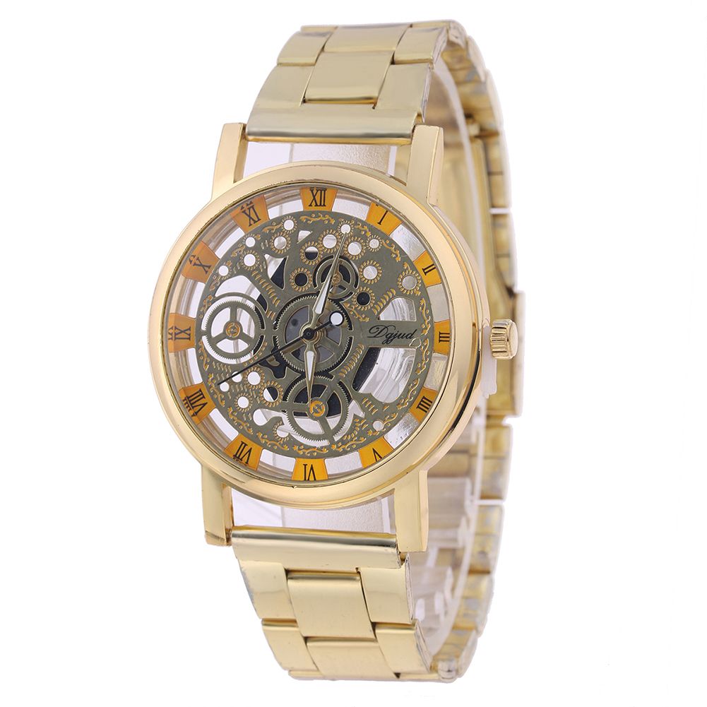 Lady Fashion Stainless Steel Band Hollow Dial Roman Numerals Quartz Wrist Watch