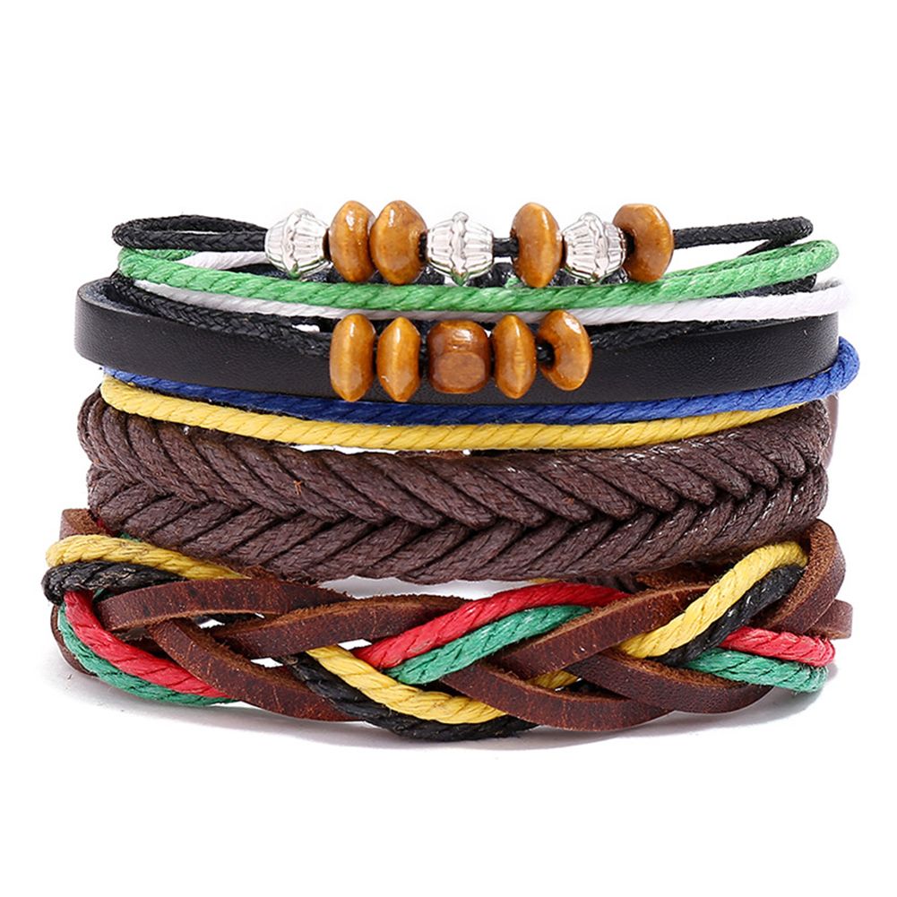 3Pcs Retro Men Faux Leather Braided Rope Beads Bracelet Bangle Wrist Jewelry