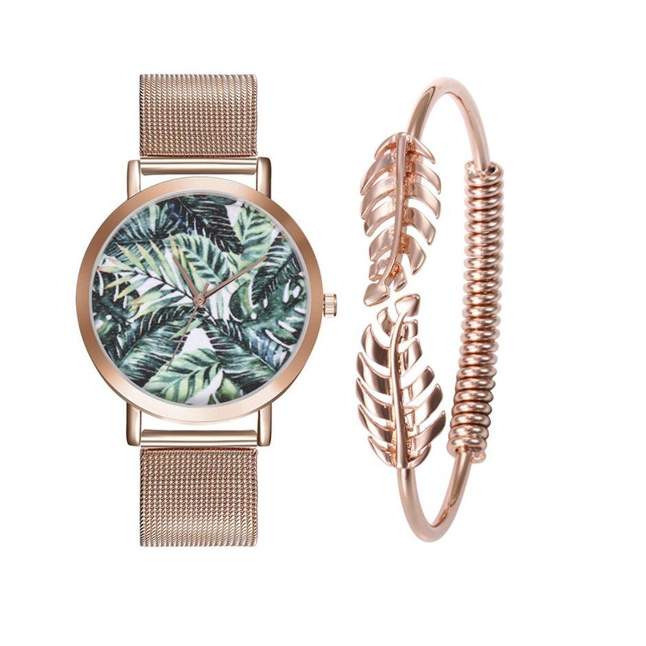 Tropical Leaf Mesh Strap Couple Quartz Wrist Bracelet Two-piece Set ZLF0678
