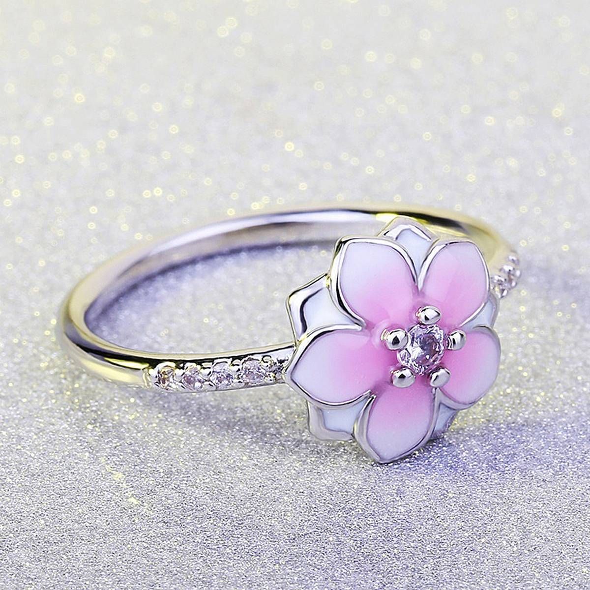 Sweet Peach Flower Zircon Women Finger Ring Jewelry Engagement Birthday Gift