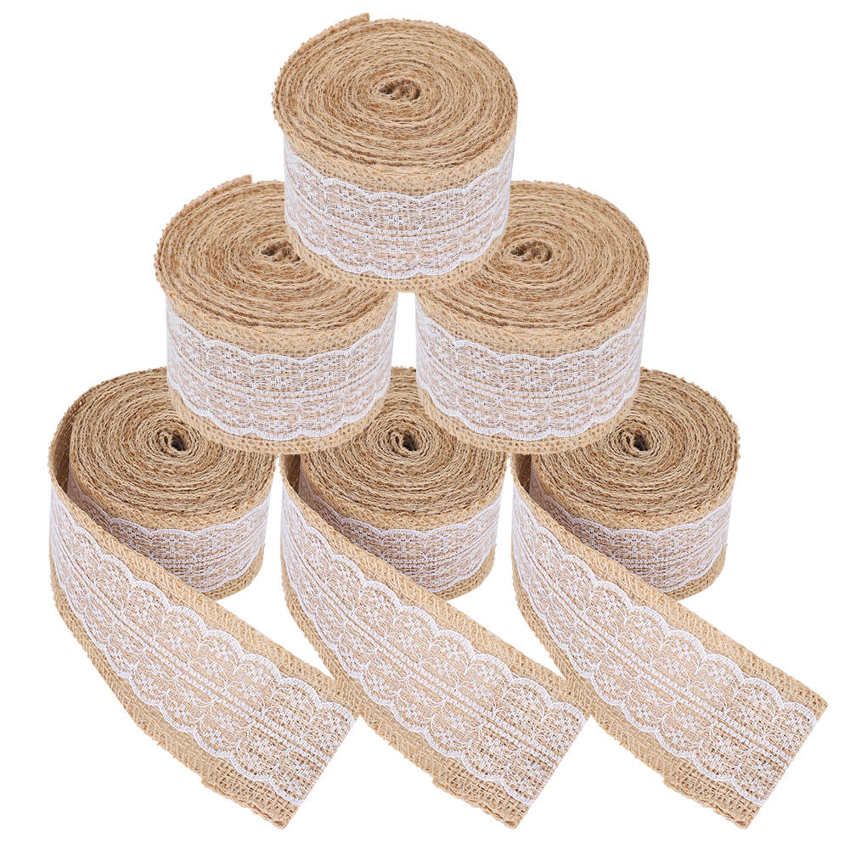 Lace Trim Burlap 5Pcs Linen Roll Ribbon DIY Birthday Christmas Wedding 6cm 5 Meter/Roll + Pin