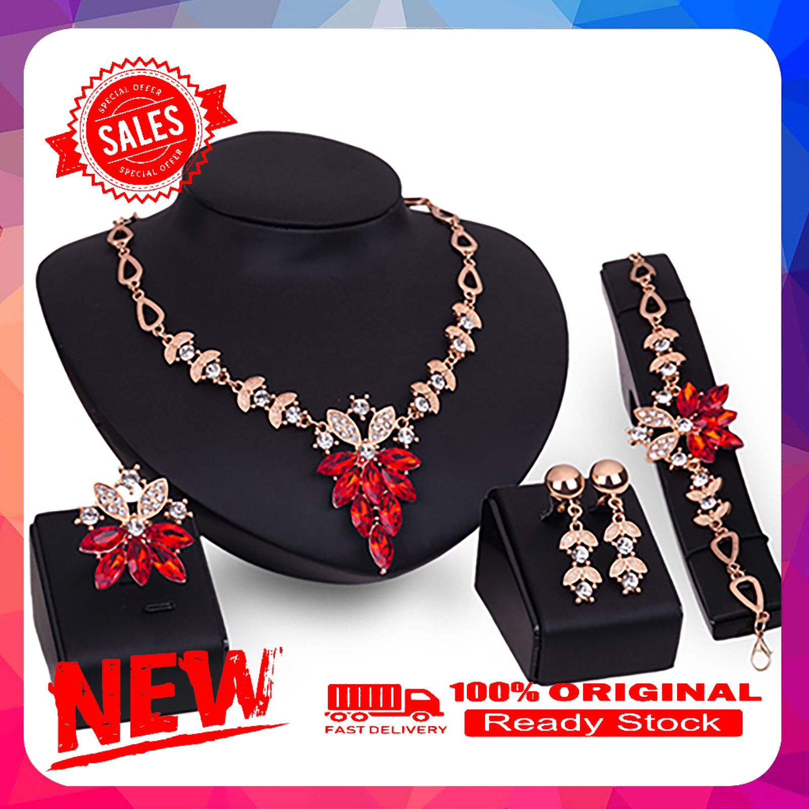 4Pcs Jewelry Set Flower Design Gift Necklace Earrings Bracelet Ring Jewelry Set for Wedding