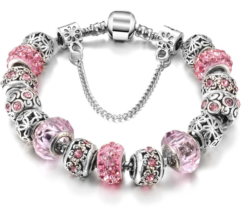 Silver-plated Crystal Field of Daisies Murano Glass&Crystal European Charm Beads Pa Style Bracelets