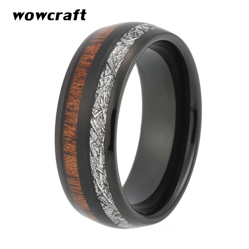 8mm Wedding Rings Tungsten Carbide Womens Mens Black Ring Domed Polished Shiny Koa Wood Meteorite Inlay Comfort Fit