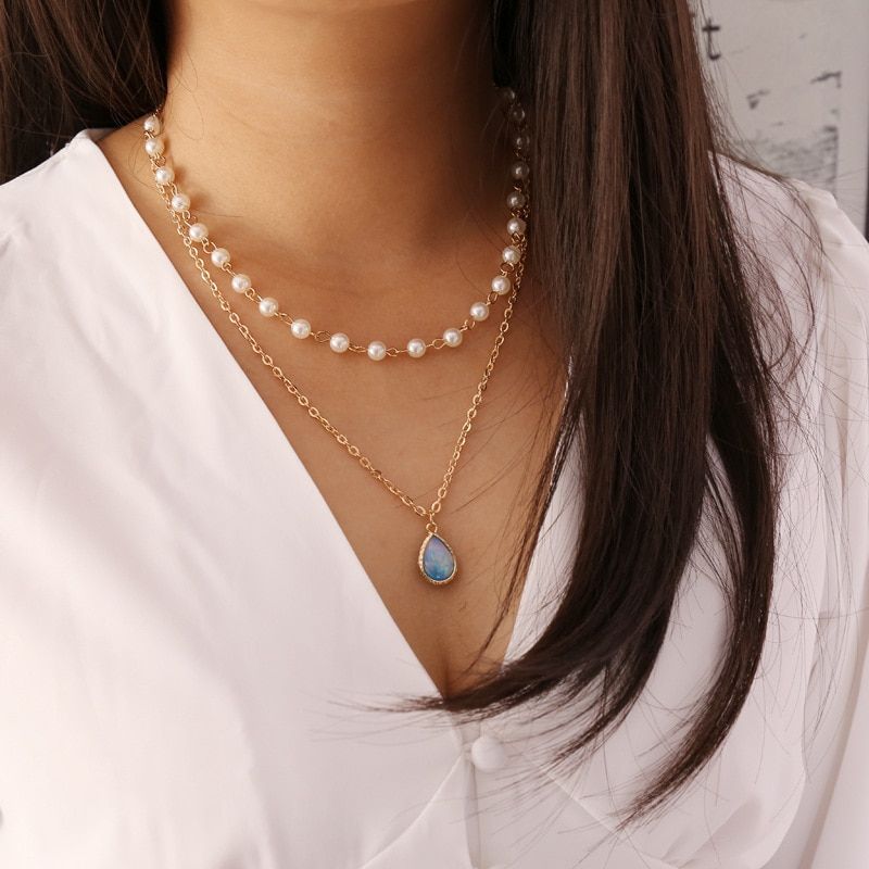 Double Layered Pearl Choker Necklace For Women Gold Color Zircon Pendant Neck Chain Female Gift Trendy Jewelry