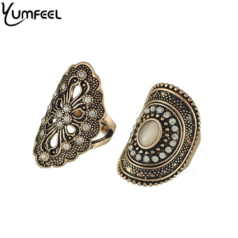 Yumfeel New Vintage Boho Jewelry Rings Metal with Antique Plated Crystal Ring Set for Women