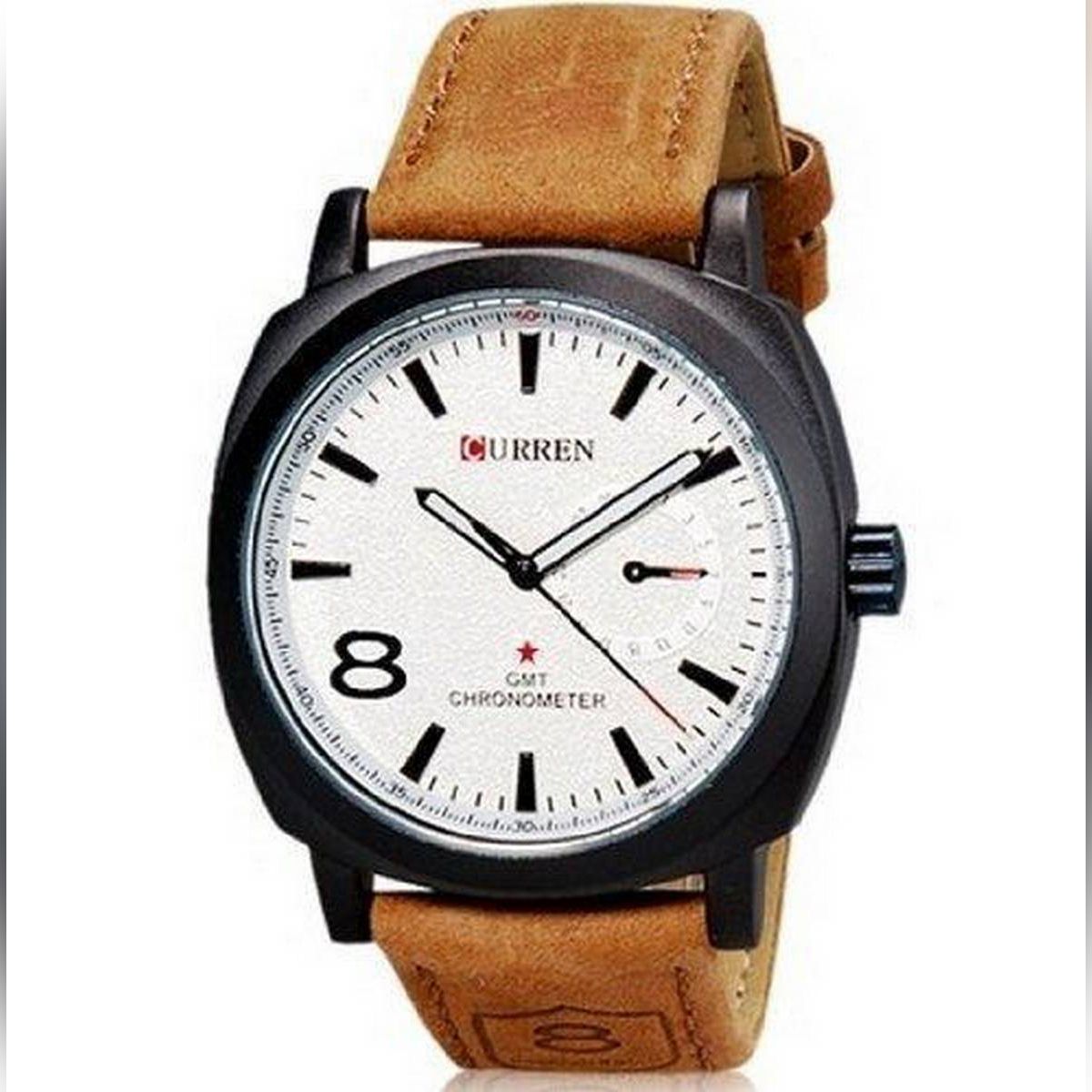 PU Leather Wrist Watch For Men - Brown and White