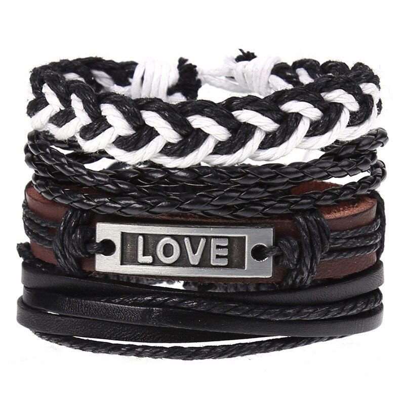 Eif Dock 4 Pcs/set Wood Beads Charm Handmade Woven Men Leather Bracelets Women Vintage Bohemia Bangle Male Homme Jewelry