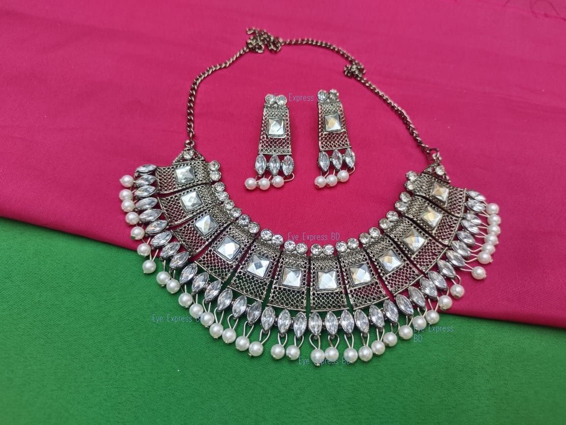 Garman Antque Silver Party Bridal Choker Necklace Earrings Set