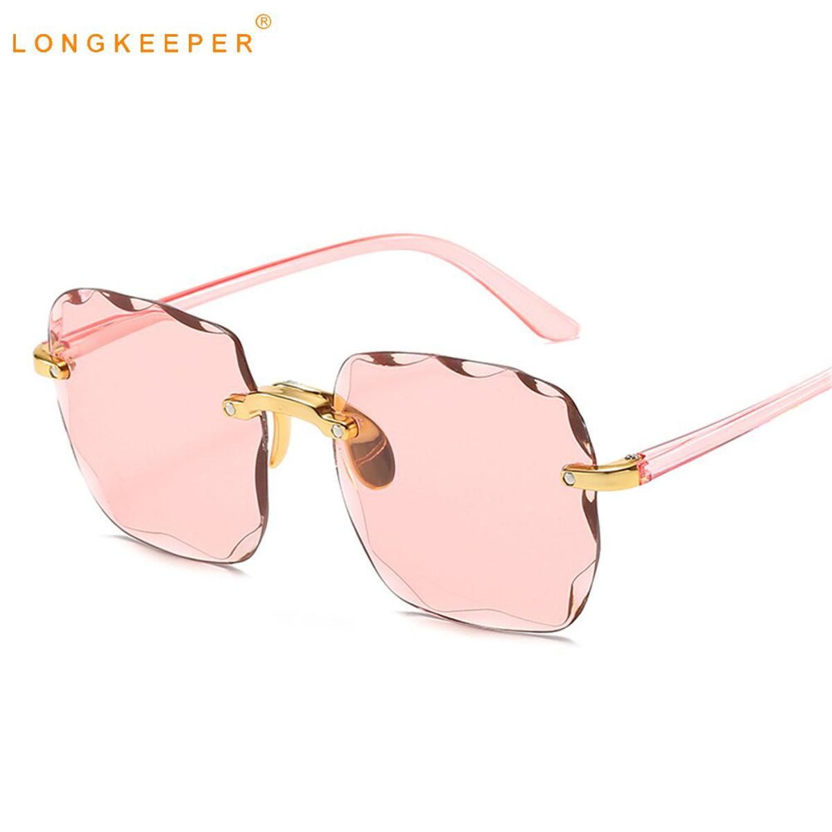 grey pink lensLongKeeper Square Sunglasses Women Rimless Gradient Sun Glasses Women Brand Designer Retro Pink Outdoor Lentes De Sol Mujer
