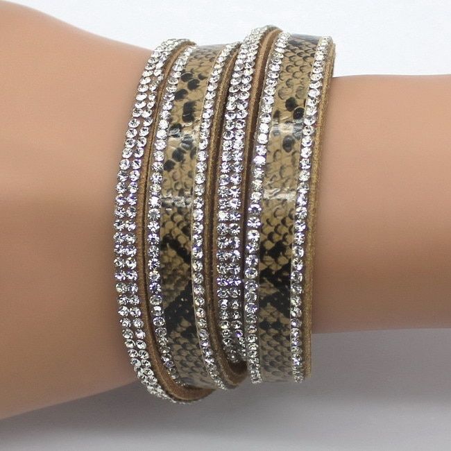 Fashion Charm Bracelets for Women Personality Printed Pave Setting Rhinestone Leather Serpentine Charm Bracelets .