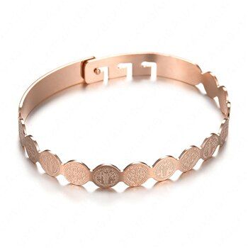Auxauxme Rose Gold Color Classic Wave Medal Virgin Mary Bangle Women Stainless Steel Saint Benedict Bracelets Belief Jewelry