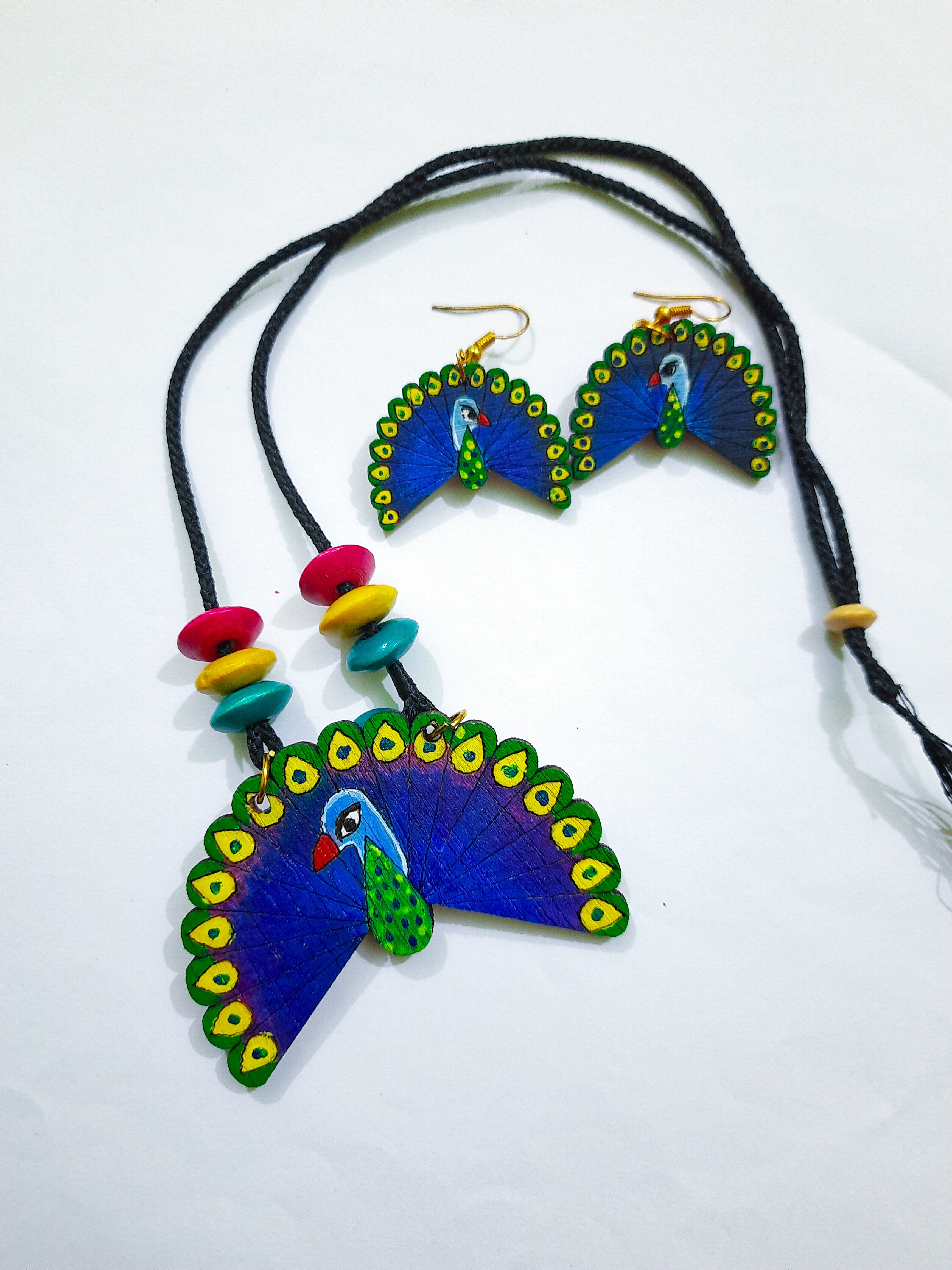 Peacock Pendants With Earrings (WOODEN HAND PAINTED HANDICRAFT JEWELLERY)