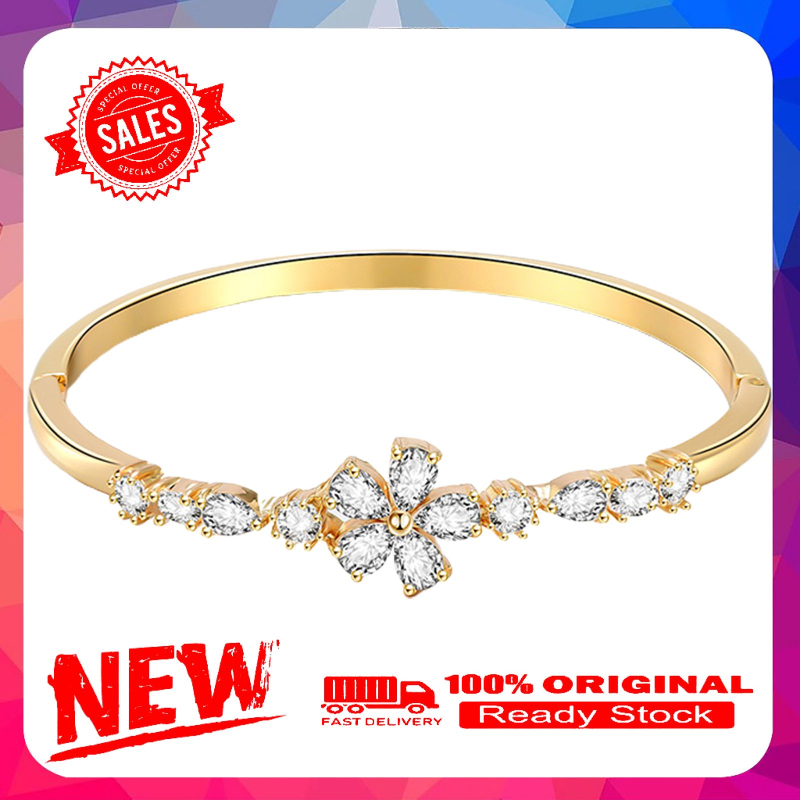 Luxury Fashionable Women Flower Shape Rhinestone Decor Jewelry Xmas Gift Bangle