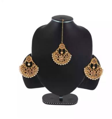 Kundan Stone Pearl Maang Tikli & Earring Set for Women