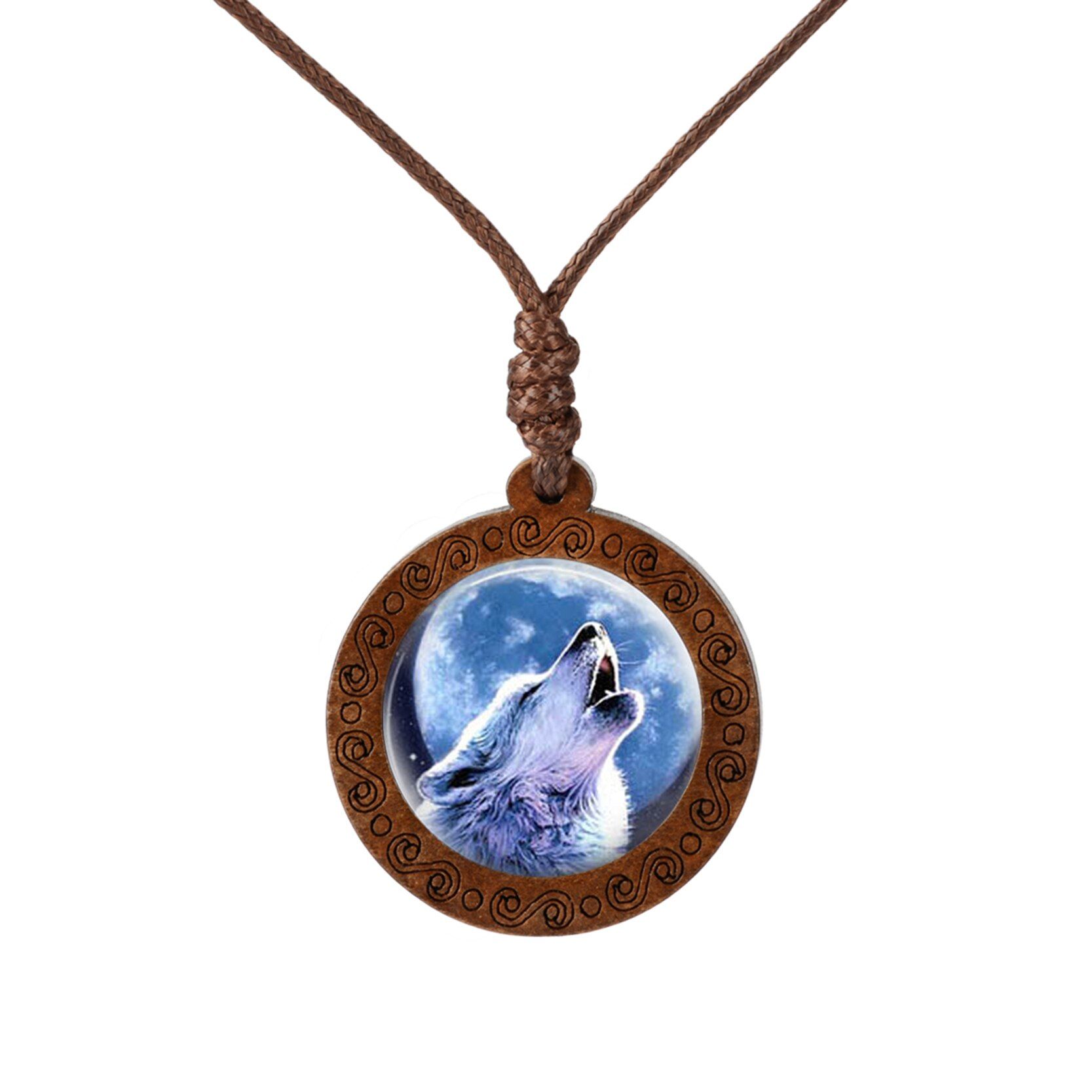 2019 New Trendy Wooden Glass Cabochon Necklace Wolf Moon Necklace Fashion Accesssories Chain Jewelry For Men Women Gift