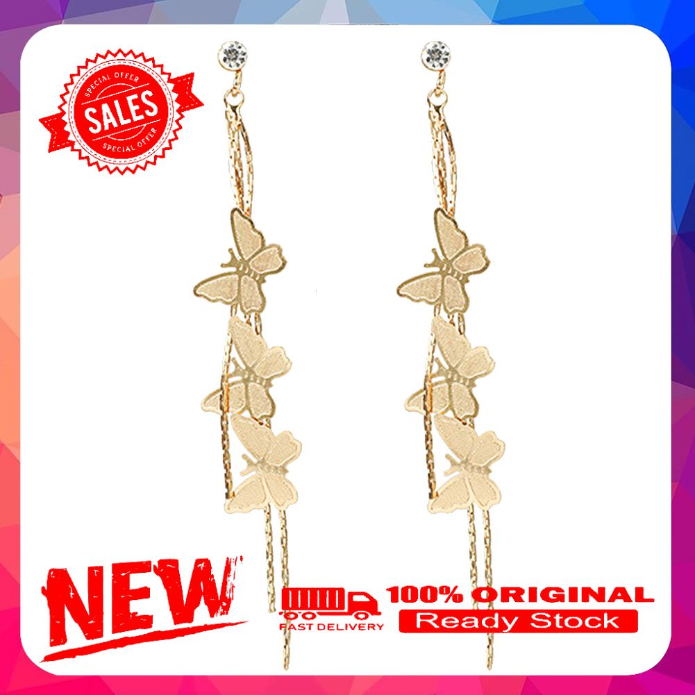 Fashion Women Butterfly Tassel Long Dangle Rhinestone Stud Earrings Jewelry