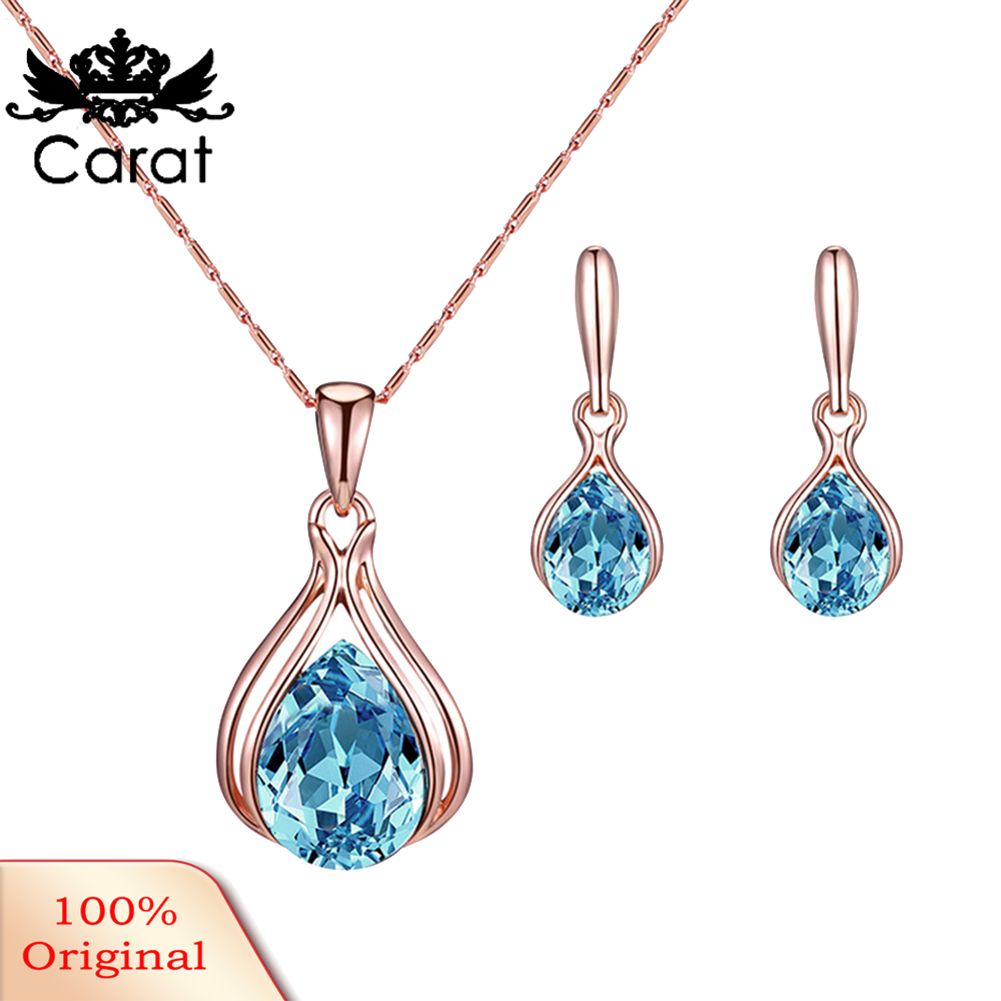 Carat Women Water Drop Shape Rhinestone Pendant Necklace Ear Stud Earrings Jewelry Set