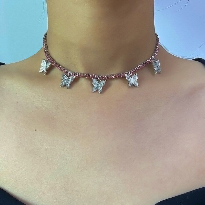 HUANZHI 2020 New Fashion Bling Crystal Rhinestone Butterfly Choker Necklace for Women Girl Collar Chain Wedding Party Jewelry