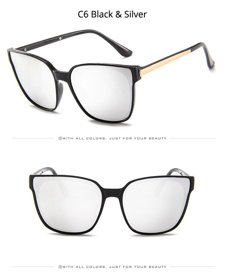 C6 Black Silver[EL Malus]New Fashion Big Square Frame with Metal Sunglasses Women Mens Silver Tan Lens Oversized Sun Glasses Brand Designer