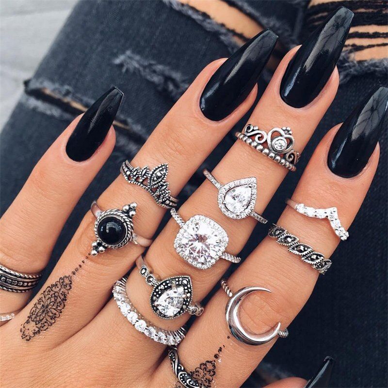 NEWBUY 10pcs/Set Trendy Women Party Ring Sets Vintage Silver Color Clear Cubic Zirconia Gothic Knuckle Rings ladies rings