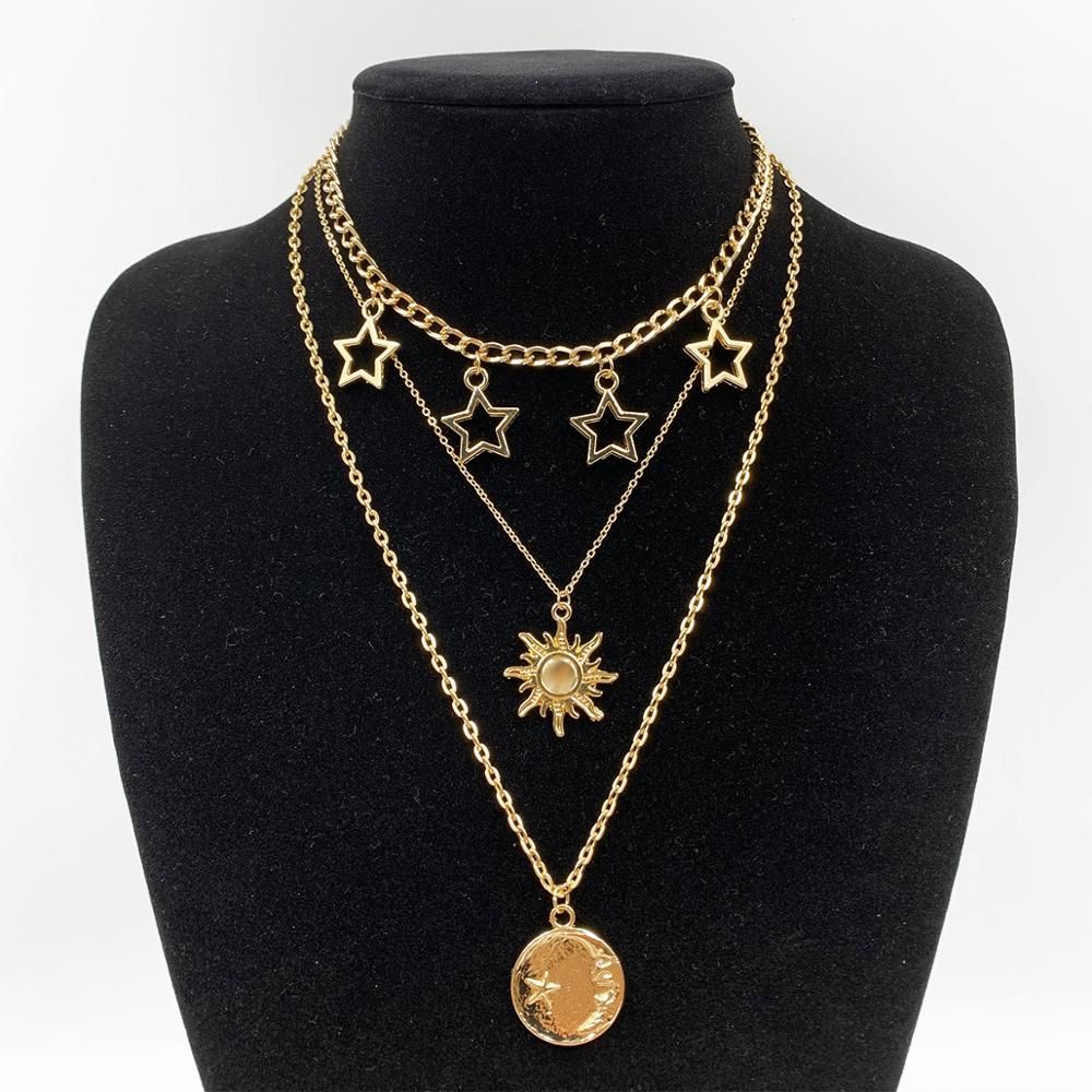 Best lady New Vintage Gold Chain Statement Necklace for Women Multi Layer Star Sun Coin Pendant Necklace Wedding Party Gifts Hot