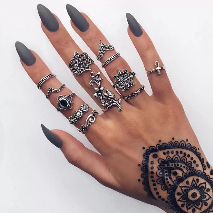 RAVIMOUR 14 Styles Boho Knuckle Rings for Women Bohemian Elephant Flower Punk Midi Finger Ring Set Indian Jewelry Anillos Mujer