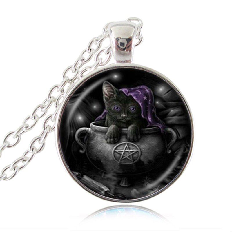 Wicca Cat Necklace Pentagram Pendant Pentacle Jewelry Kitten Animal Witch Jewellery Five-pointed Star Sweater Necklace HZ1