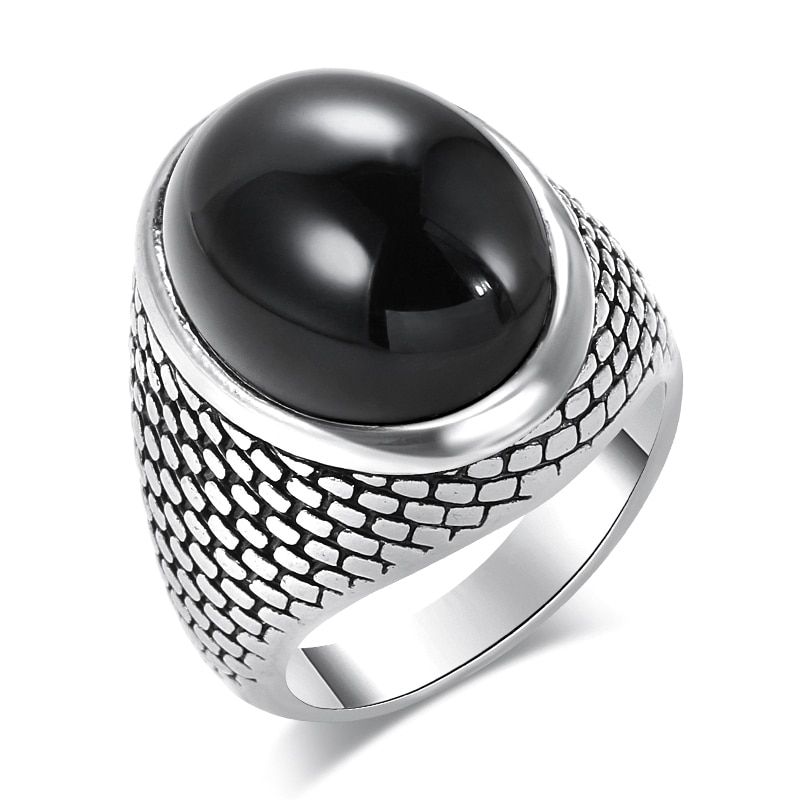Kinel Luxury Vintage Men Rings Antique Silver Color Oval Black Resin Stone Punk Ring Turkey Jewelry 2020