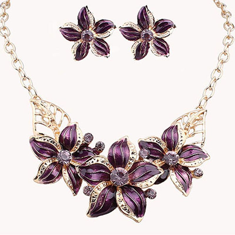 Fashion Women Rhinestone Flower Statement Pendant Necklace Earrings Jewelry Set