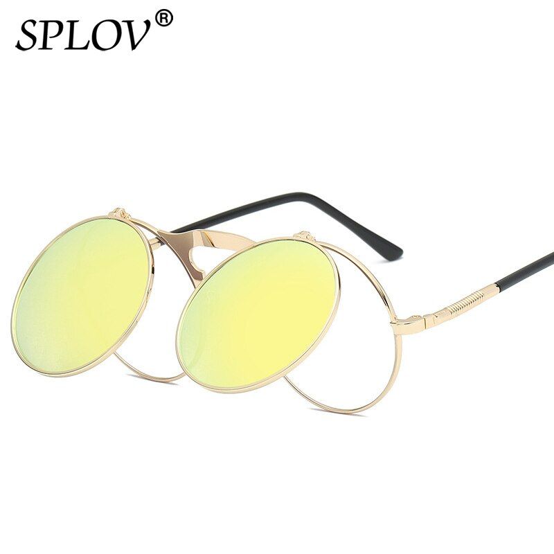 C02GoldYellowSPLOV Vintage Steampunk Flip Up Men Sunglasses Women Retro Round Metal Frame Sun Glasses Hinge Design Curved Glasses Legs UV400