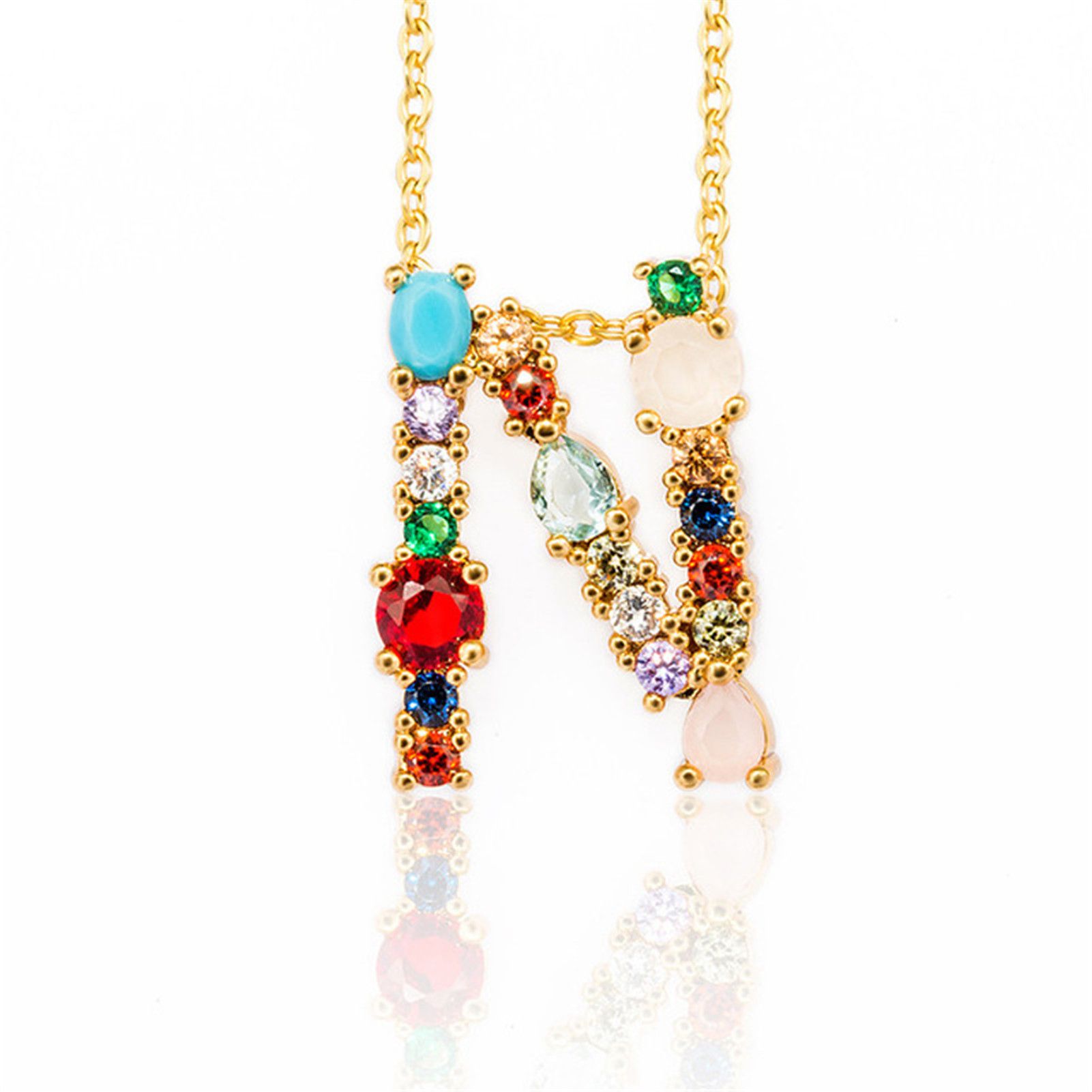 A-Z 26 English Alphabet Letter Necklace Multicolor Rhinestone Inlaid Pendant