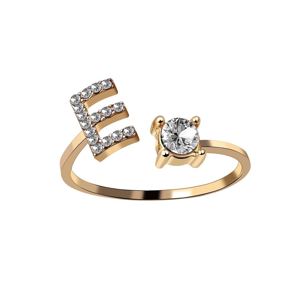 Fashion 26 Letters Ring Micro Pave Zircon Gold Color Rings For Women Girls Initial  Opening Rings Jewelry Finger Accessories