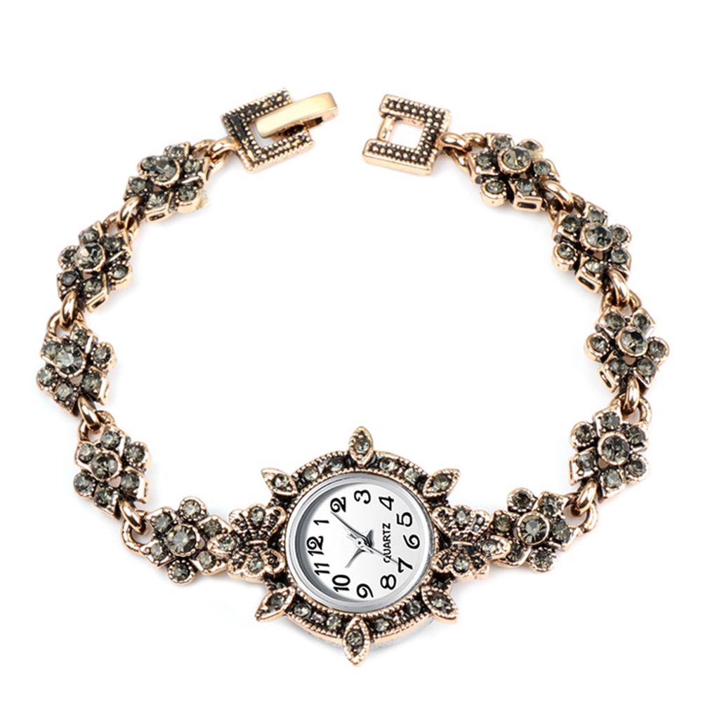 Vintage Women Rhinestone Flower Charm Round Dial Analog Quartz Bracelet Watch