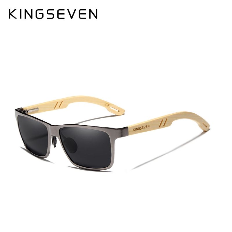 KINGSEVEN Fashion larized Aluminum+Bamboo Natural Wooden Handmade Sunglasses Men UV400 Eyewear Women Sun Glasses- Bamboo-Orial